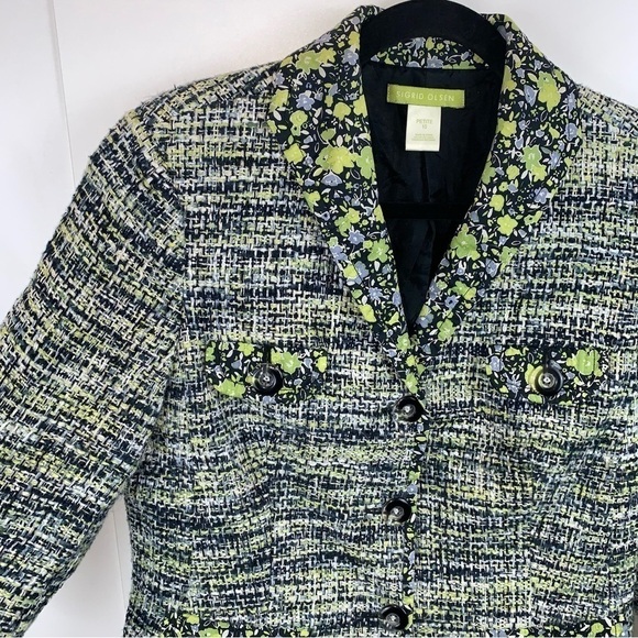Sigrid Olsen sz 10P Tweed Cotton Green Navy Blazer Jacket Floral Career Classic - Picture 2 of 8